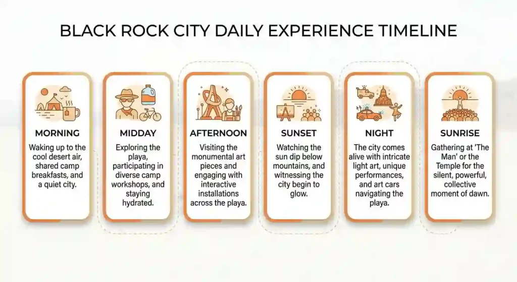 burning man BRC daily experience timeline