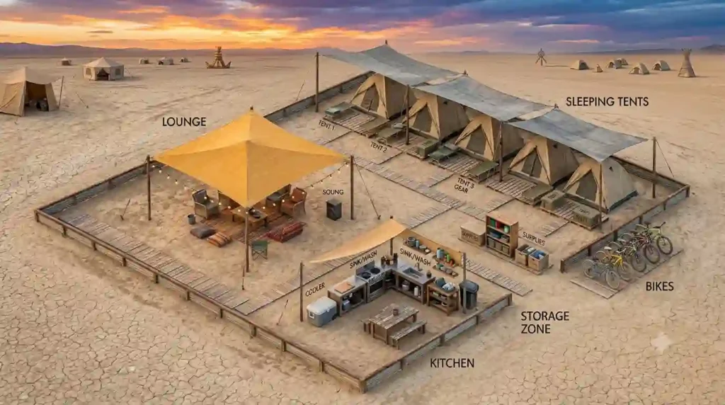burning man a well organize camp site view 