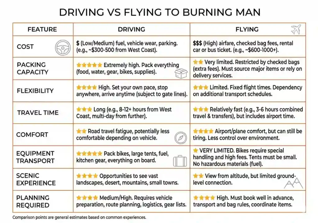 driving vs flying comparison table for burning man 