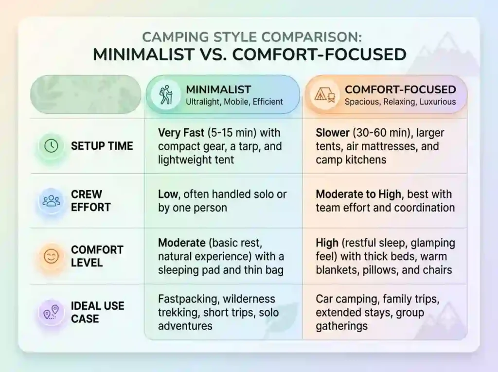 minimalist vs comfort focused camp setup