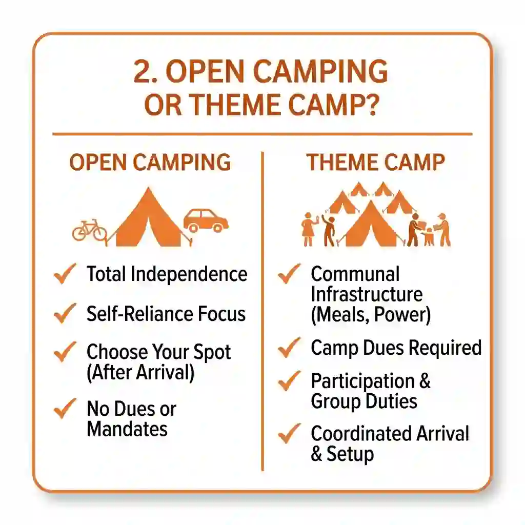 burning man first timer decision to choose open camp or theme camp