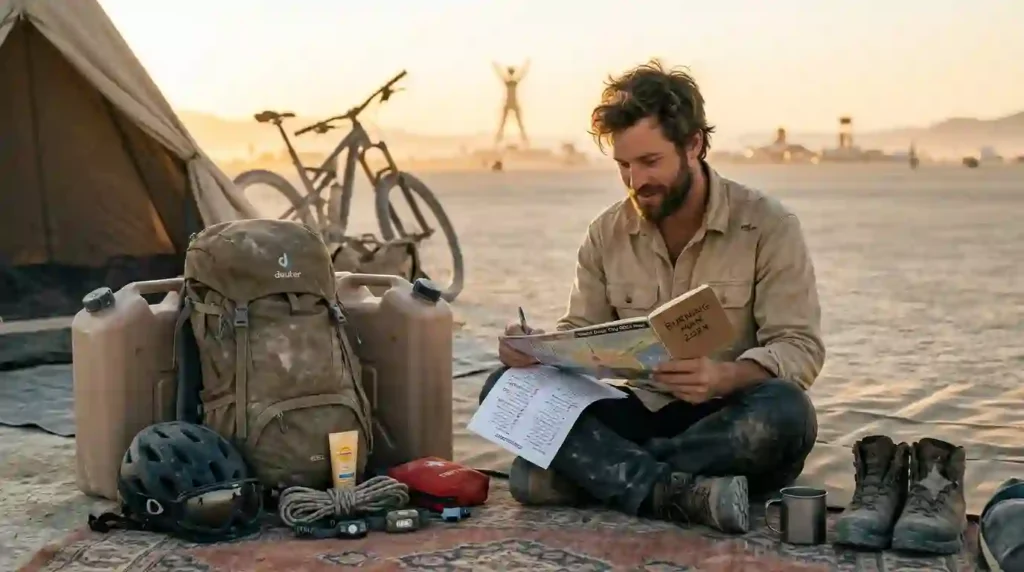 a burner reading about experiences available at the burning man