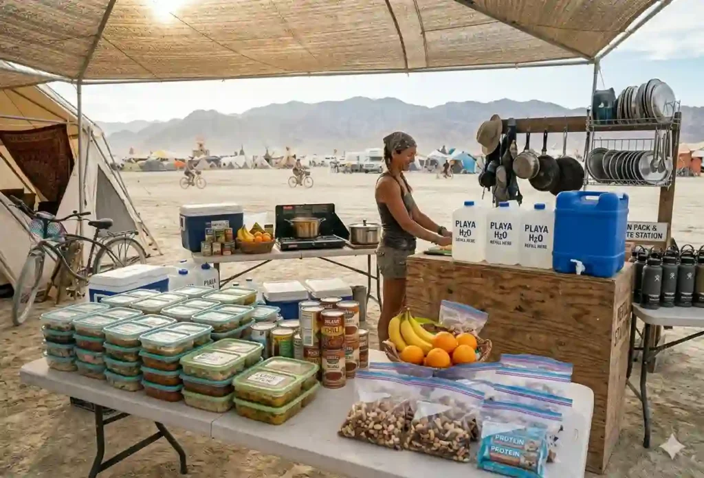 well organised food storage boxes at campsite kitchen