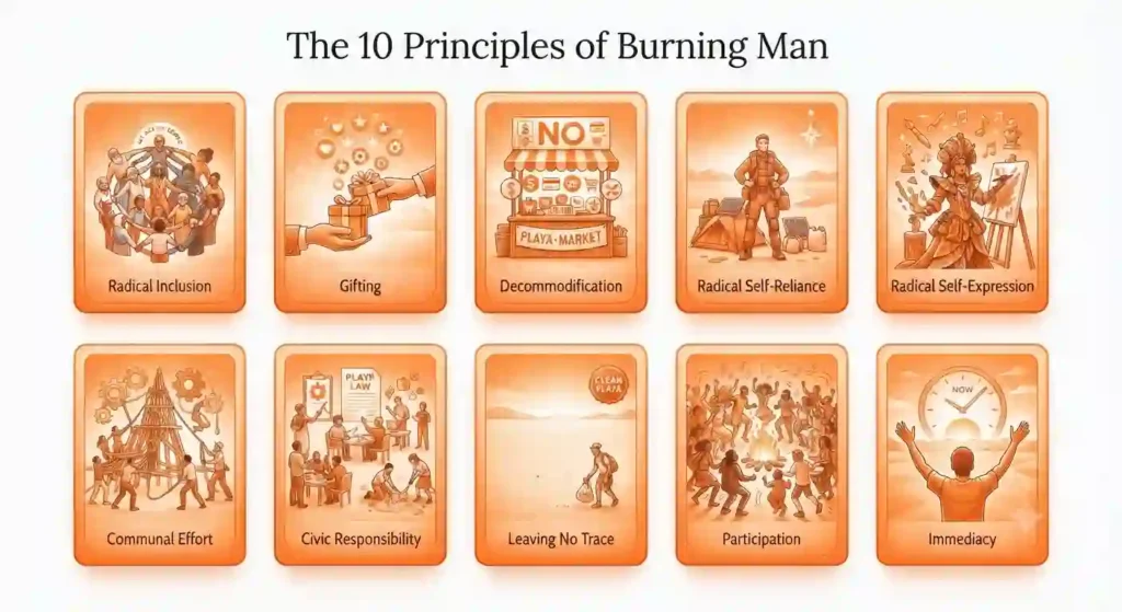 burning man 10 principals guideline cards view
