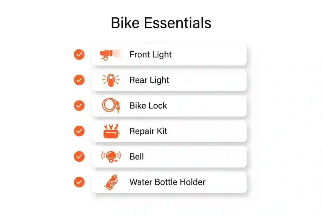 Checklist infographic showing essential bicycle accessories for Burning Man.