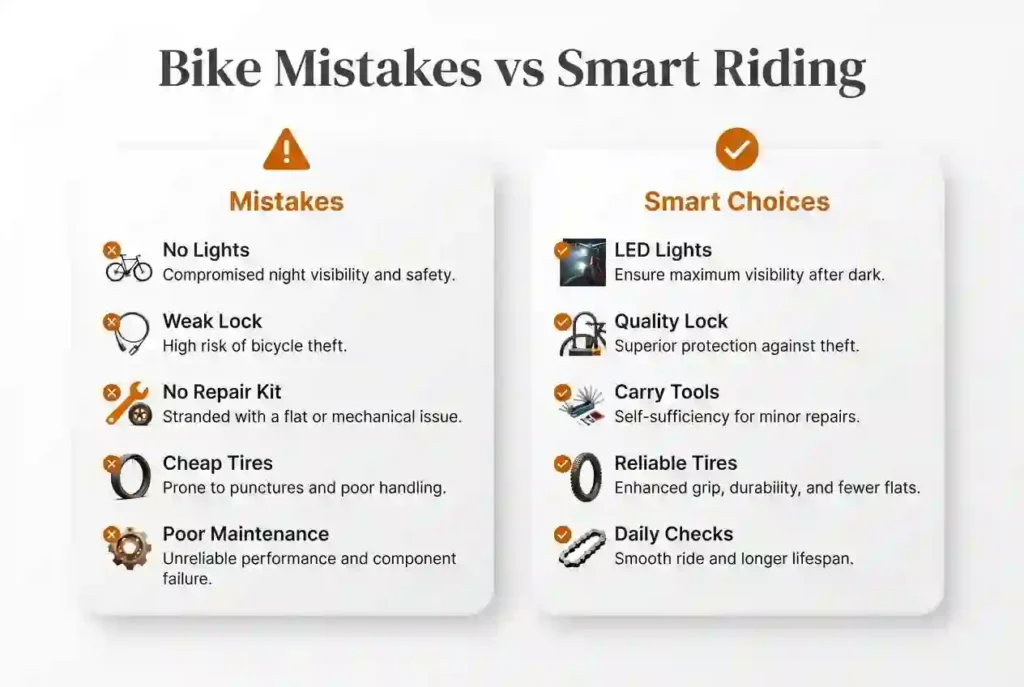 Comparison infographic showing beginner bike mistakes and smarter alternatives.