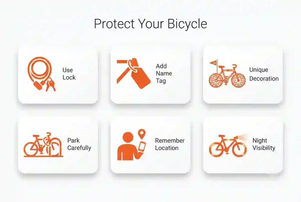 Cards explaining how to safely park and secure a bicycle at Burning Man.