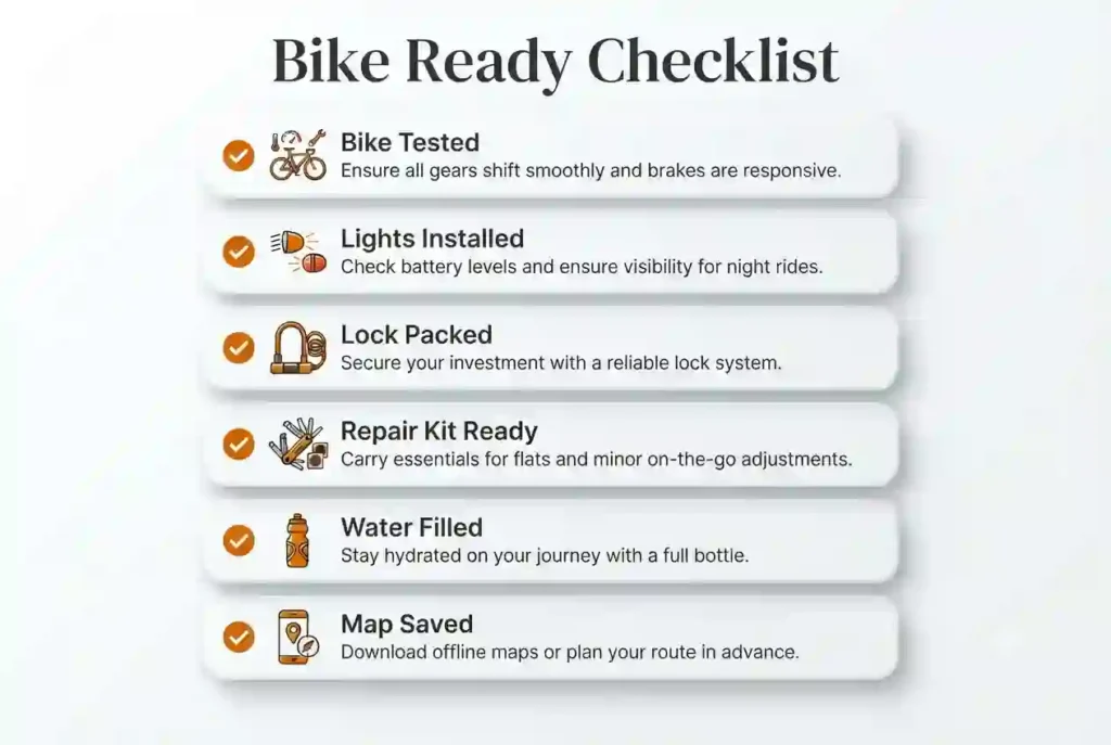 Final checklist infographic for preparing a bicycle before exploring Black Rock City.