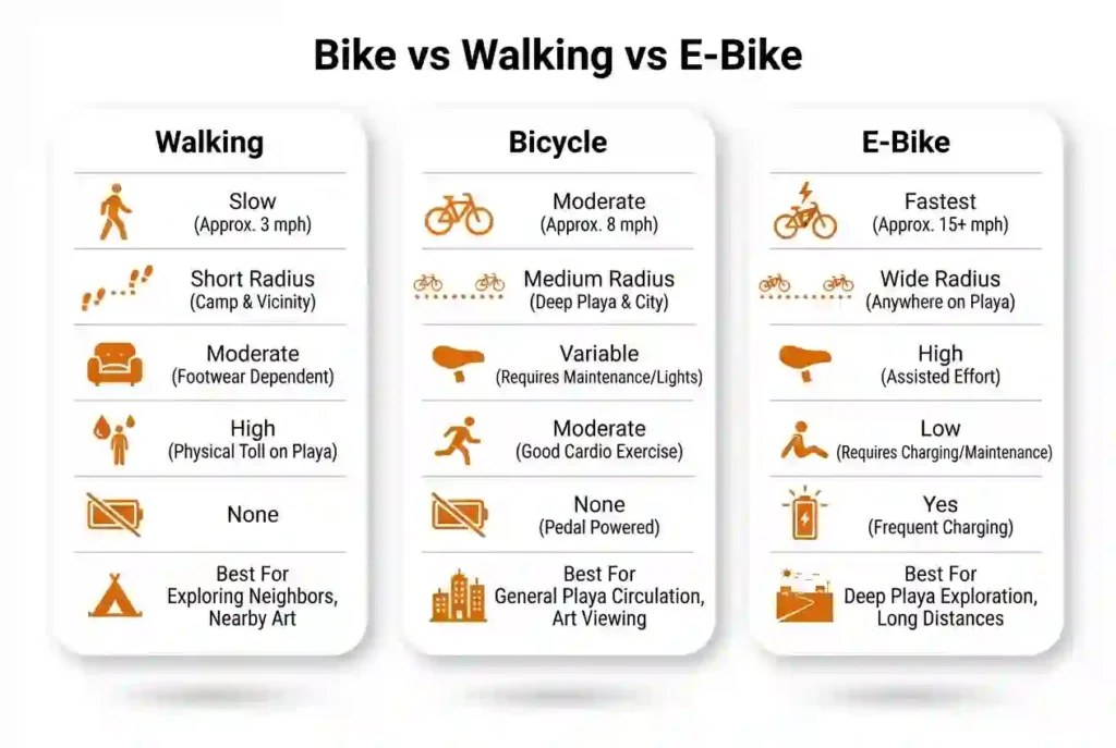 Comparison infographic showing walking, bicycle, and e-bike transportation options at Burning Man.