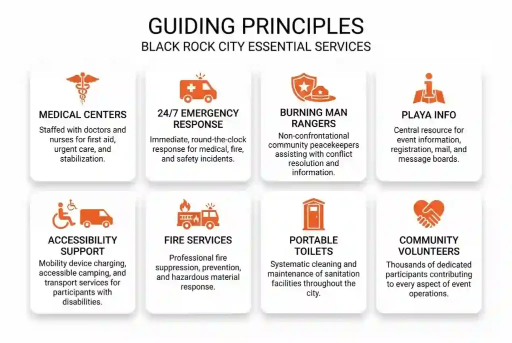 Infographic showing medical services, Rangers, Playa Info, accessibility resources, fire services, sanitation, and community support in Black Rock City.