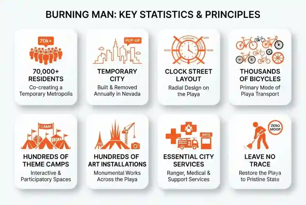 Infographic showing the size, layout, population, services, and key facts about Black Rock City at Burning Man.