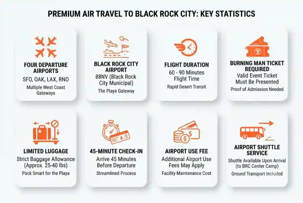 Infographic showing key facts about Burner Express Air flights to Black Rock City.