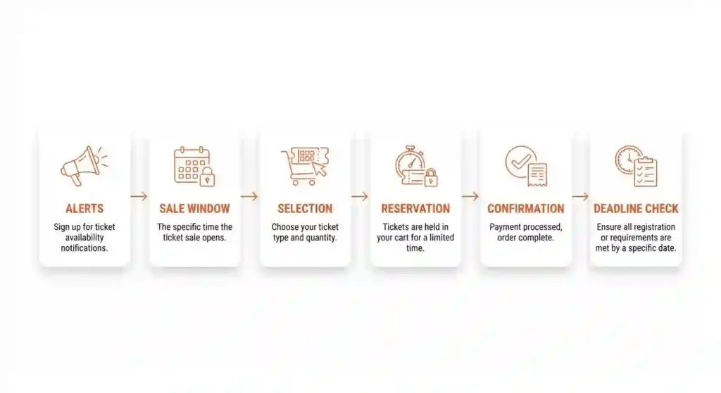 : Timeline infographic showing the steps to book Burner Express tickets.