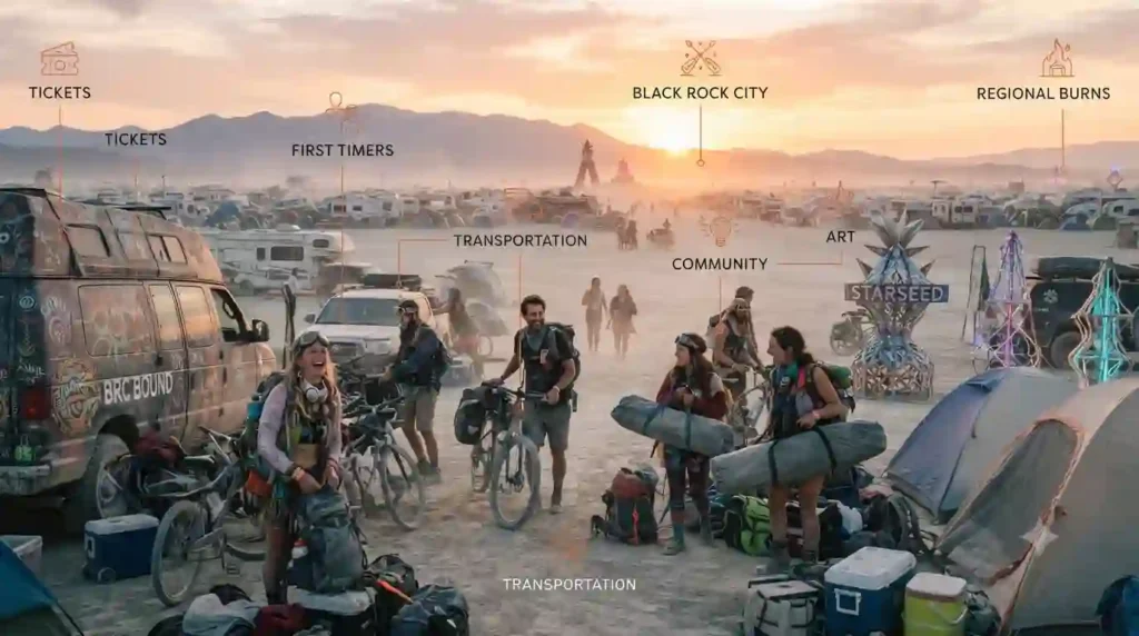 Burning Man participants arriving in Black Rock City during sunrise with iconic art installations and desert landscape.