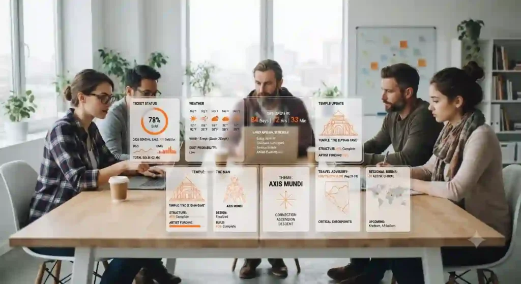 Modern planning dashboard showing live Burning Man updates, tickets, weather, gate information, and travel planning.