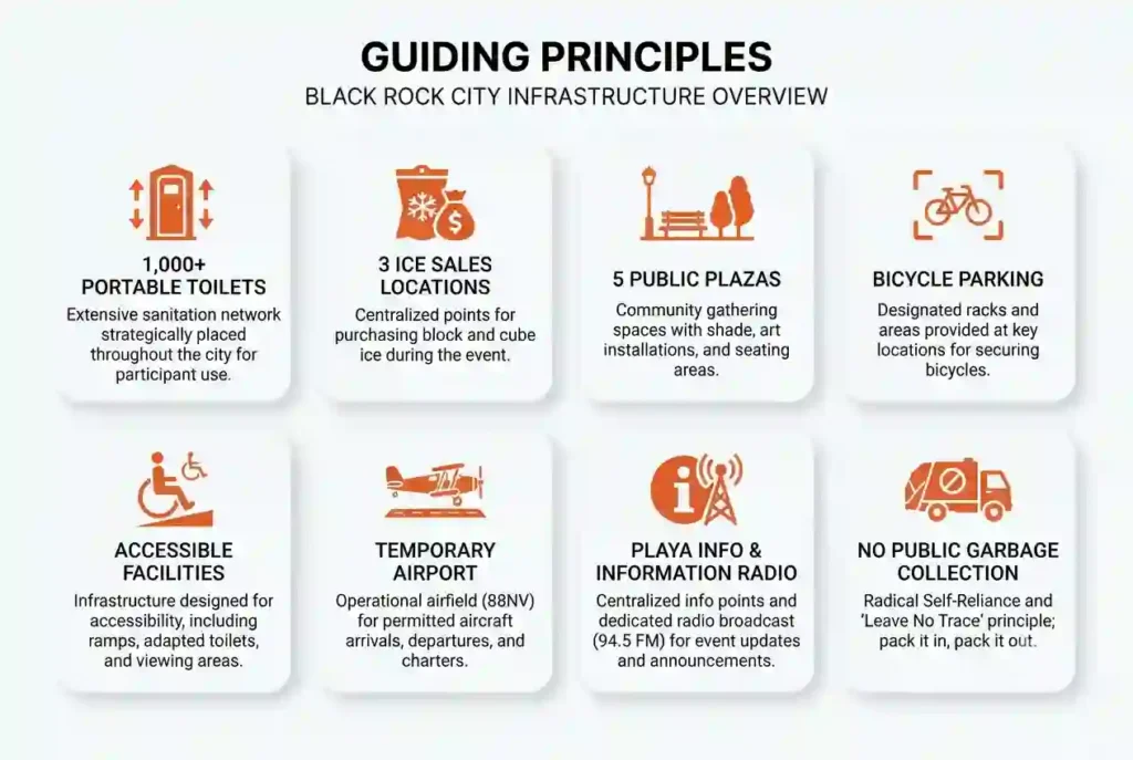 Infographic showing toilets, ice sales, plazas, bicycle parking, accessibility facilities, airport, information services, and public amenities at Burning Man.