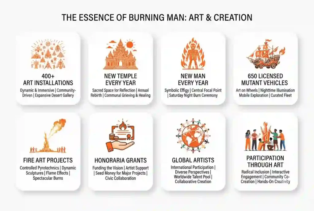 Infographic showing Burning Man art installations, The Man, the Temple, Mutant Vehicles, fire art, Honoraria grants, and global artists in Black Rock City.