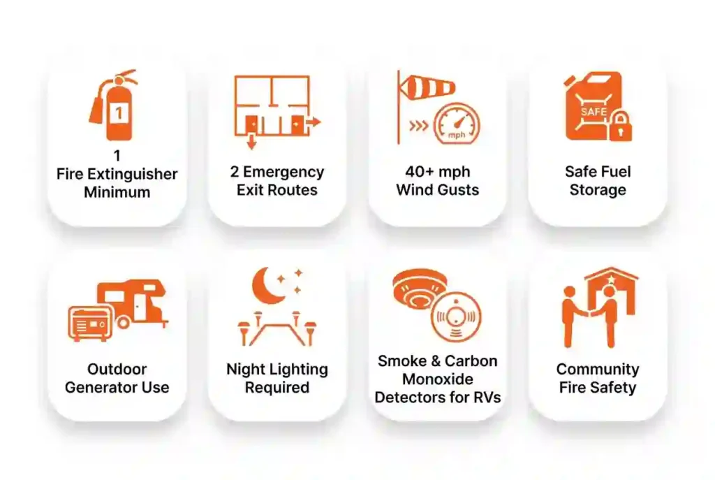 Infographic showing essential camp safety facts for Burning Man participants.