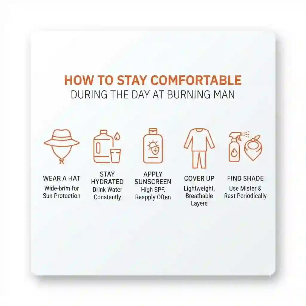 Minimalist burnt orange hero visual for a Burning Man survival guide on a white background