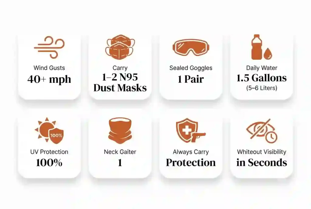 Infographic showing essential dust, eye, and breathing protection facts for Burning Man.