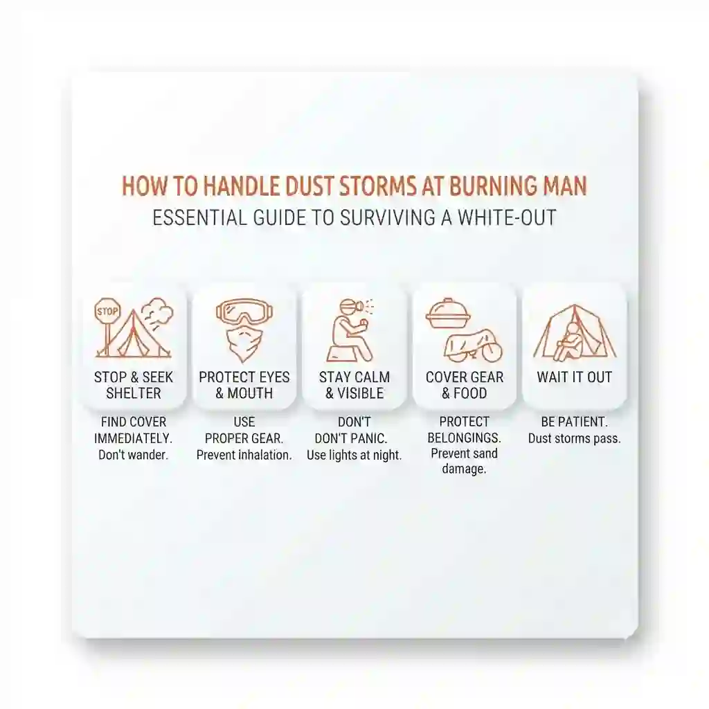  Minimalist burnt orange card showing dust storm safety steps at Burning Man.
