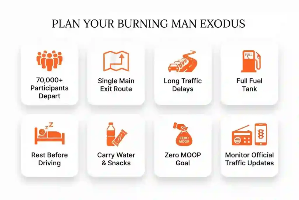 Exodus & Departure Guide 8 Infographic showing key facts and departure statistics for Burning Man Exodus.