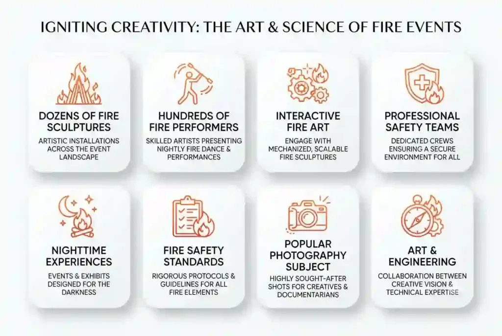 Infographic showing fire sculptures, fire performers, safety teams, interactive fire art, and nighttime fire experiences at Burning Man.