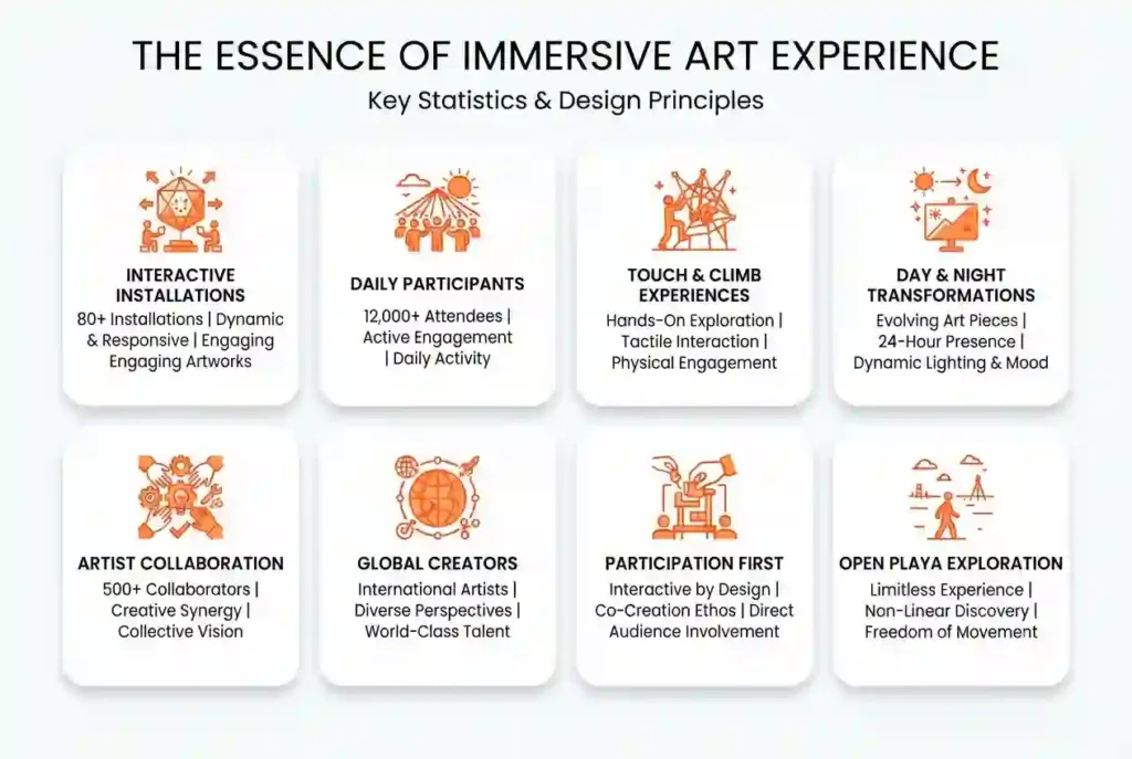 Interactive Art Guide 9 Infographic showing interactive art installations, participant engagement, creative collaboration, and immersive experiences at Burning Man.