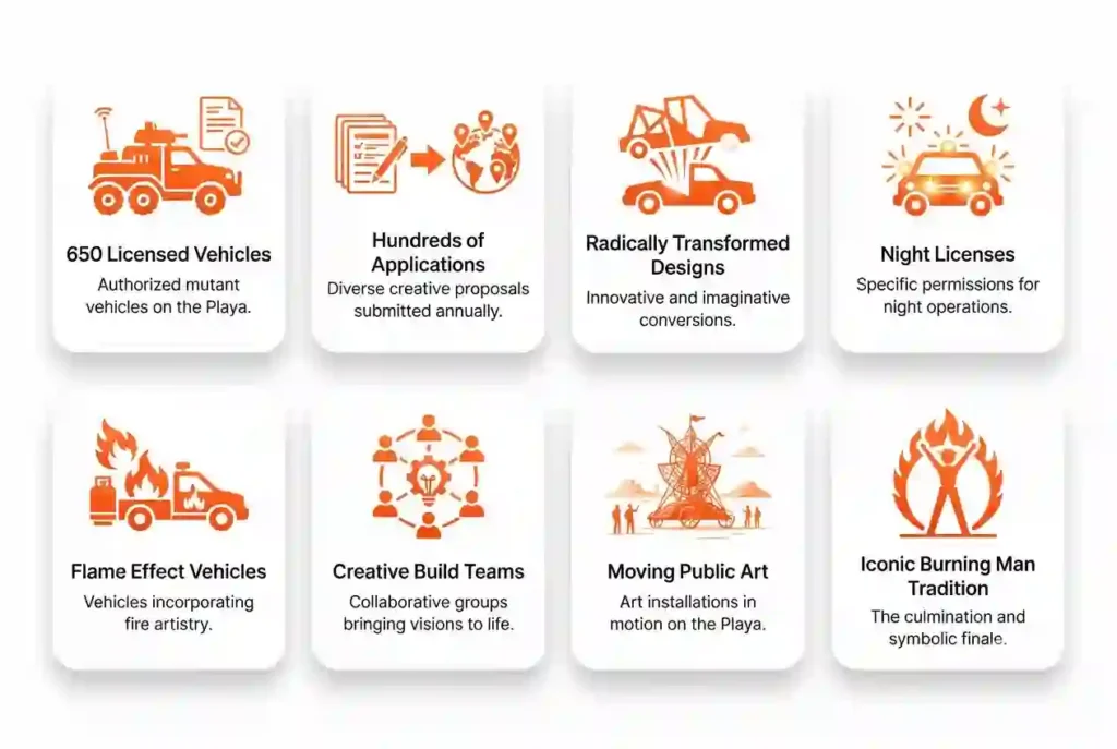 Mutant Vehicles 11 Infographic showing licensed Mutant Vehicles, DMV licensing, transformed art cars, night operation, flame effects, and creative engineering at Burning Man.