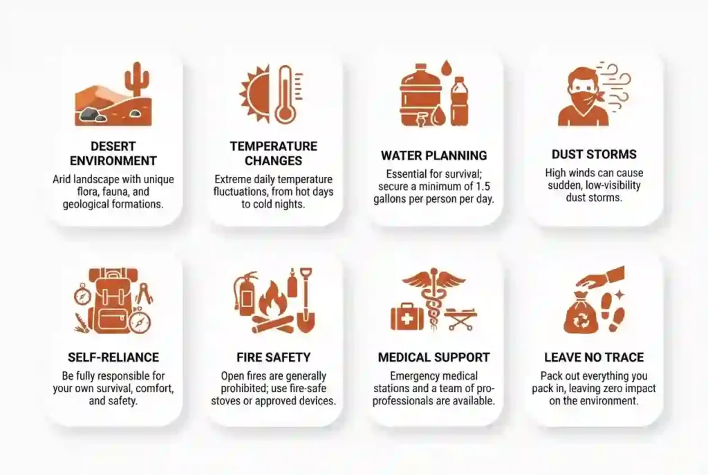 Infographic highlighting Burning Man survival essentials including desert conditions, hydration, dust storms, camp safety, medical preparedness, and Leave No Trace.