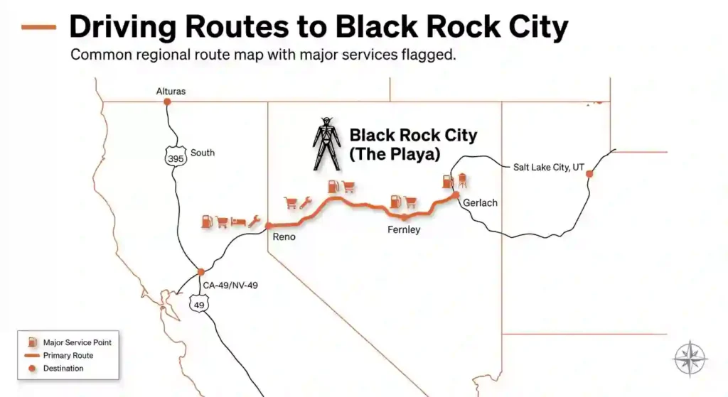: Map showing main highway routes to Black Rock City from western U.S. and Reno staging points.