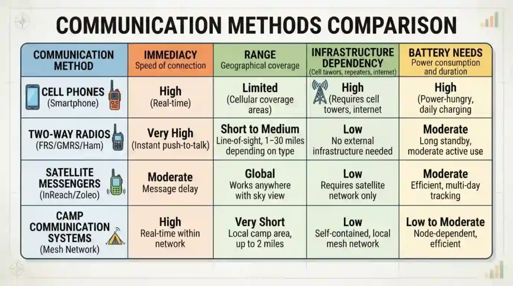 Technology, Power & Communication Guide 10 : A table comparing immediacy, range, dependency on infrastructure, and battery needs for phones, radios, satellite messengers, and camp systems