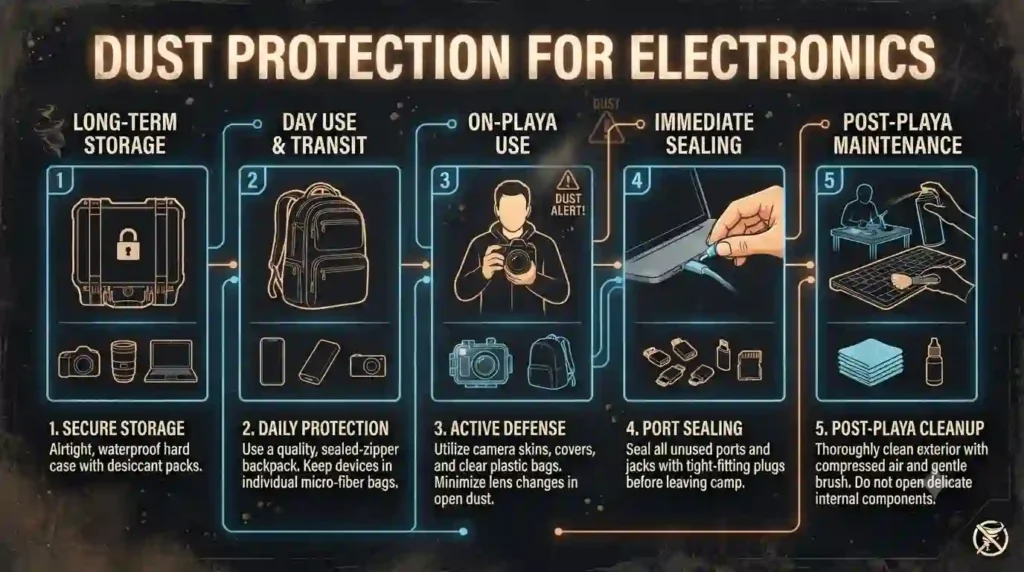 Technology, Power & Communication Guide 9 Step-by-step protective workflow: storage, day use, cleaning, sealing ports, and post-playa maintenance.