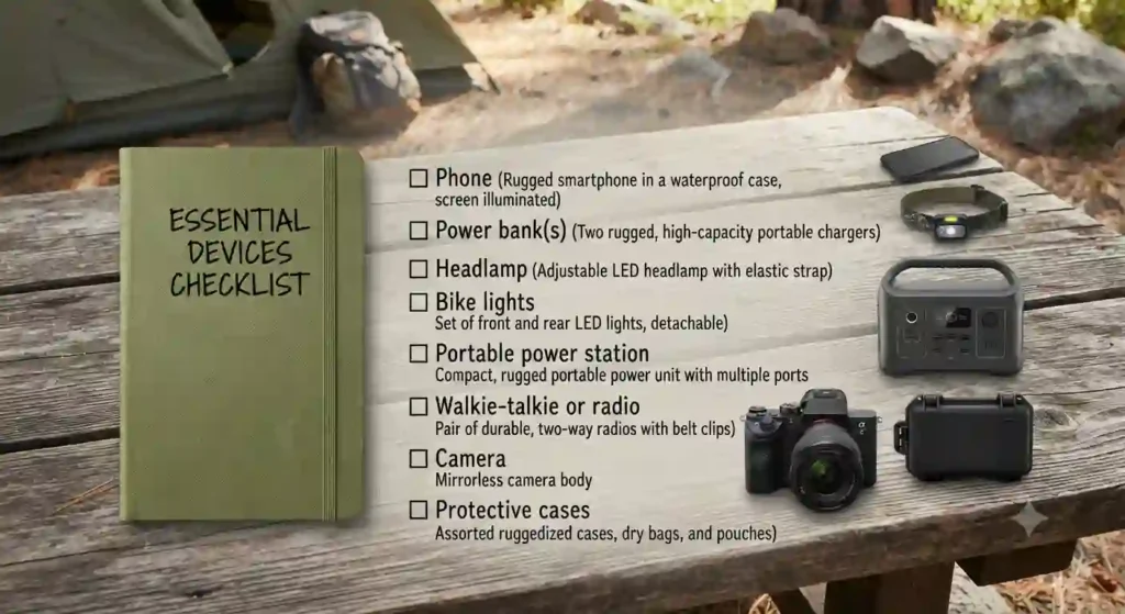Technology, Power & Communication Guide 3 A compact checklist for campers: phone, power bank(s), headlamp, bike lights, portable power station (optional), walkie-talkie or radio, camera (optional), and protective cases.