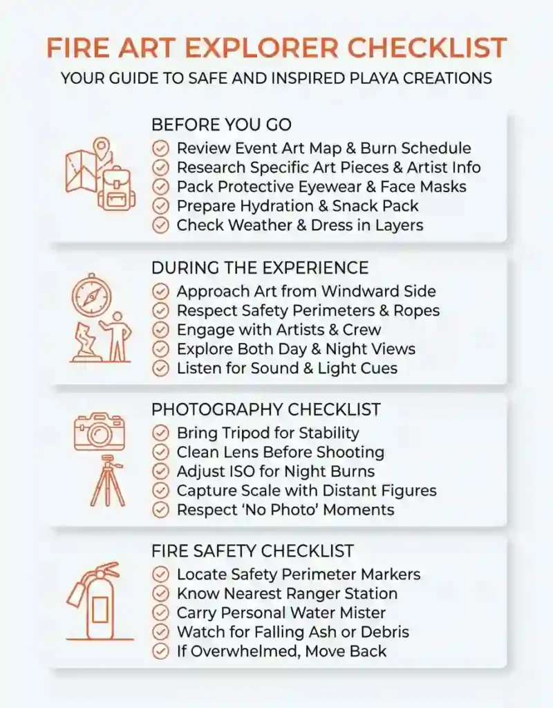 Editorial checklist infographic for safely experiencing fire art at Burning Man.