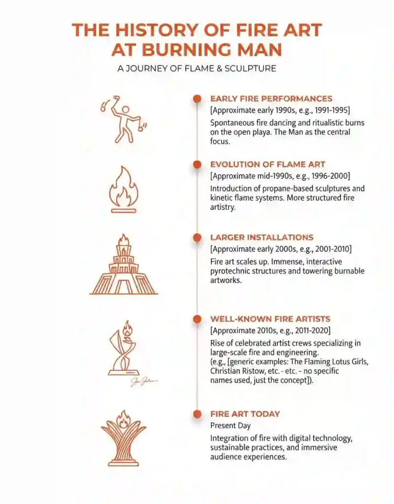 Vertical timeline showing the evolution of fire art at Burning Man.