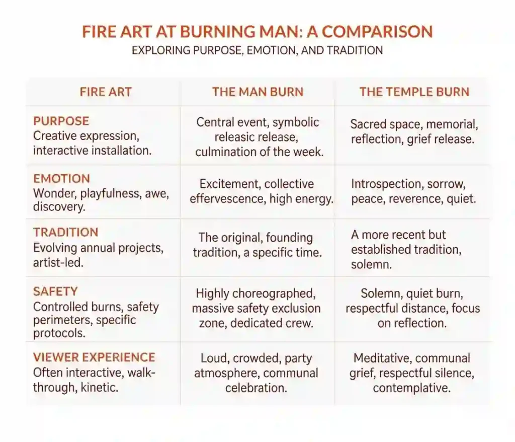 Comparison table showing the differences between fire art, The Man burn, and Temple burn.