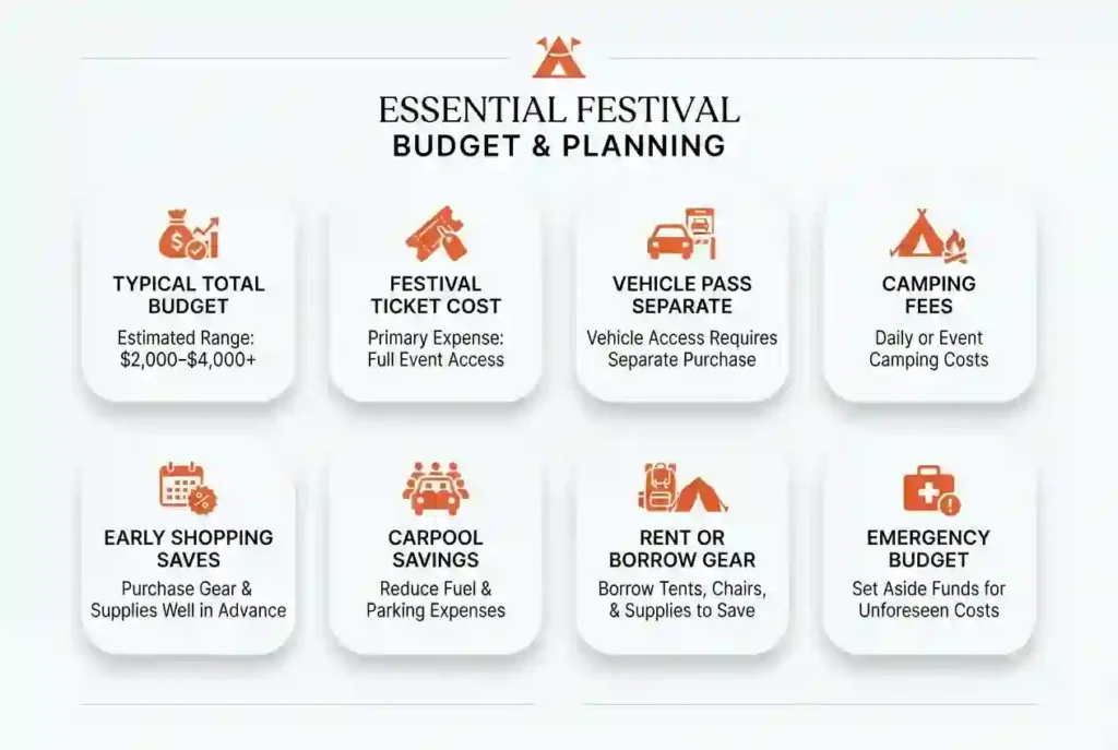 Infographic showing the main expenses and budgeting tips for first-time Burning Man attendees.