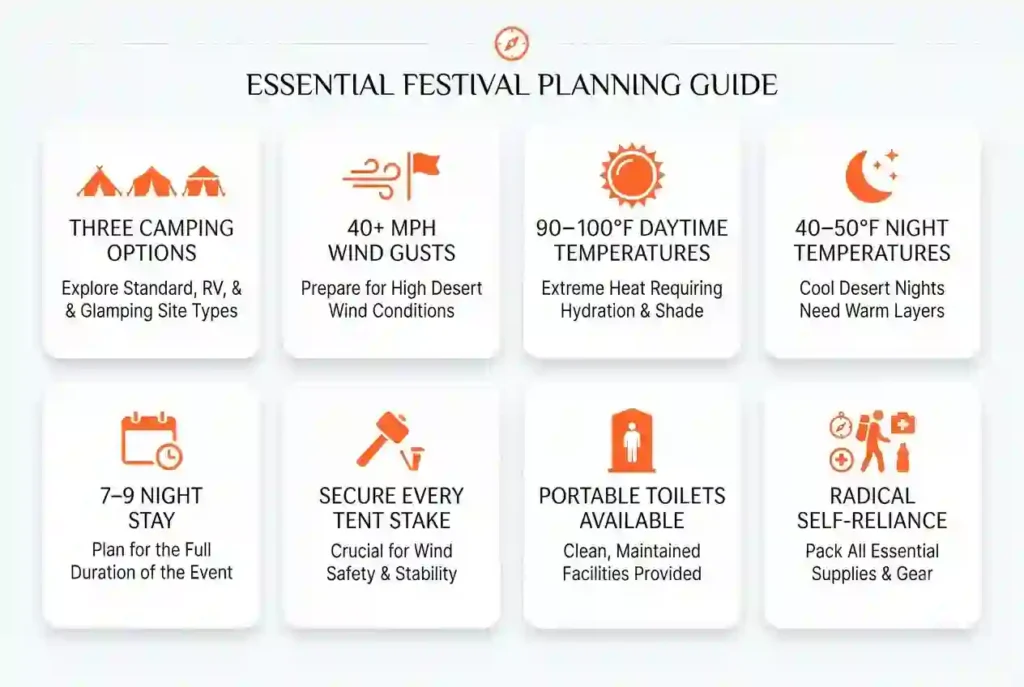 Infographic showing important camping facts every first-time Burning Man participant should know.