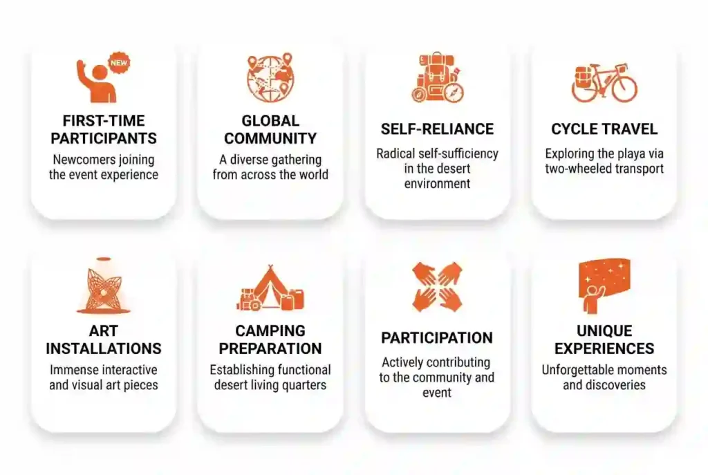 Infographic showing first-time Burning Man preparation, participation, camping, bicycles, art installations, and global community statistics.