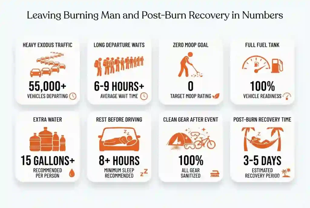 Infographic showing important departure and post-Burning Man recovery facts for first-time participants.