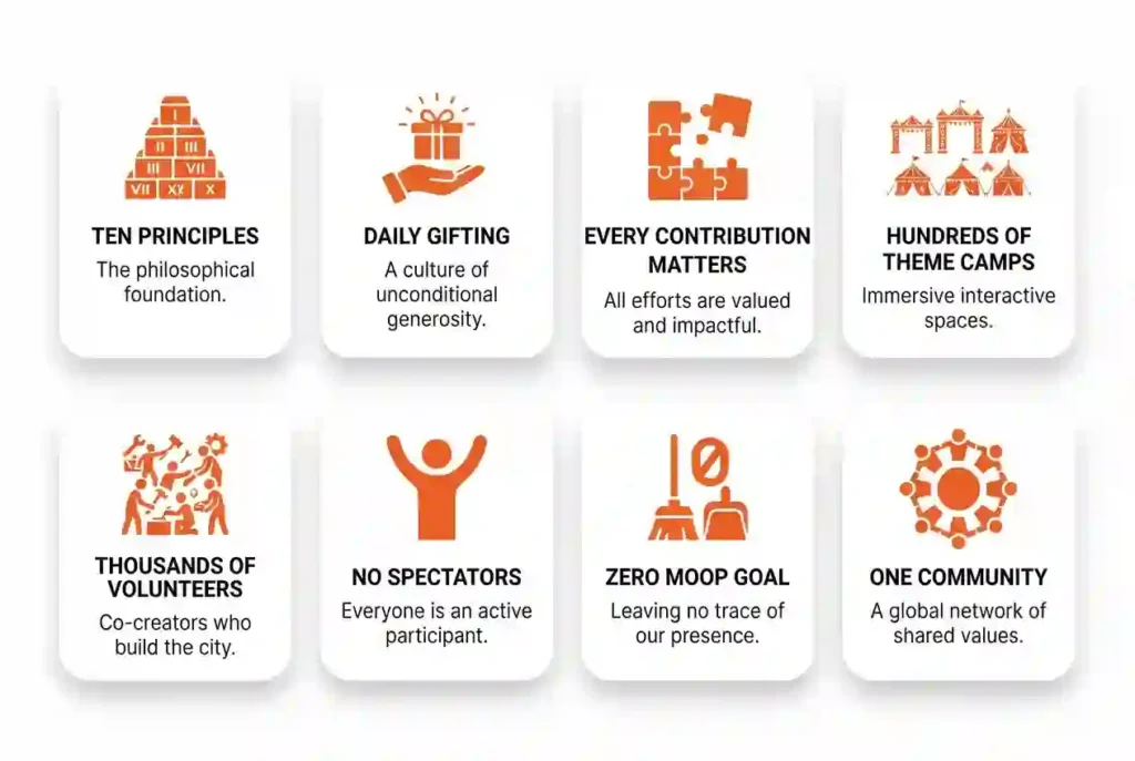 Infographic showing the core participation facts every first-time Burning Man attendee should know.