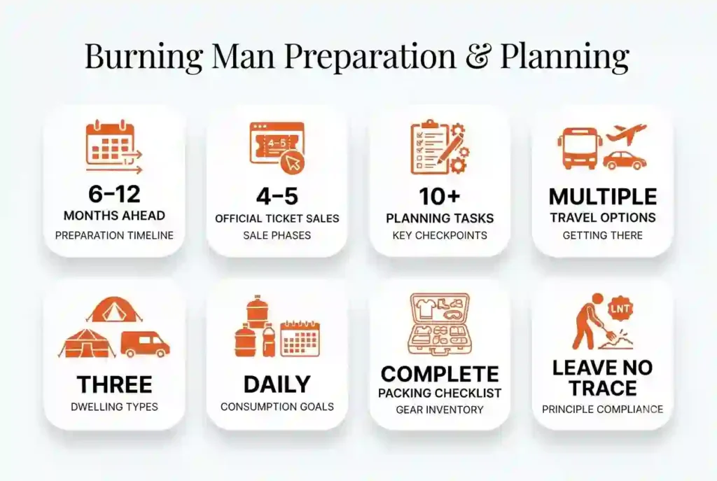 Infographic showing the most important planning facts for first-time Burning Man participants.