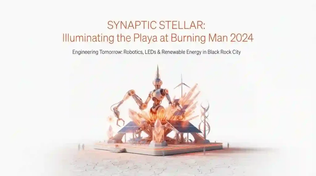 Technology & Innovation 7 Futuristic illuminated art installation combining robotics, LEDs, and renewable energy on the playa in a minimalist editorial style.