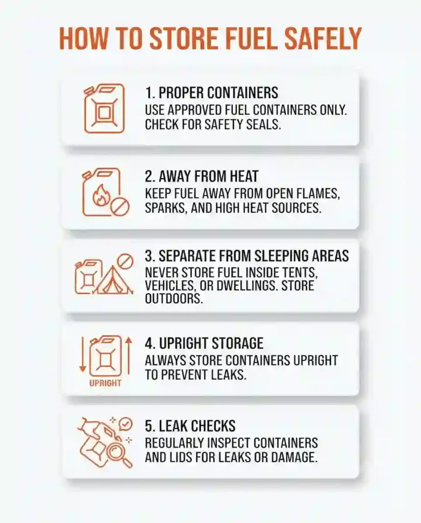  Vertical infographic explaining safe fuel storage practices for Burning Man camp operations.