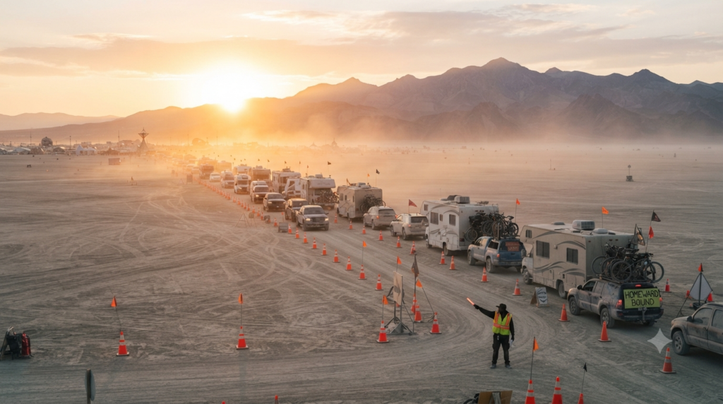 long vehicle queue leaving from burning man gate