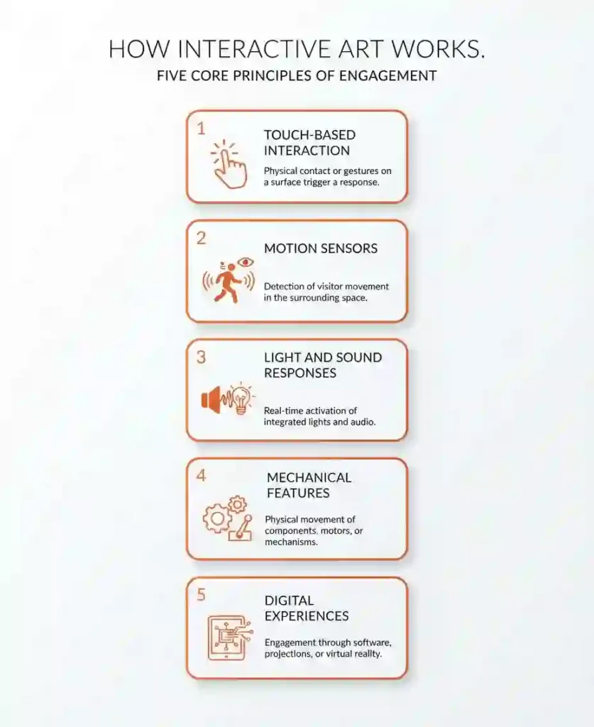 Interactive Art Guide 6 Minimal infographic showing how interactive art responds to touch, motion, light, sound, and technology.