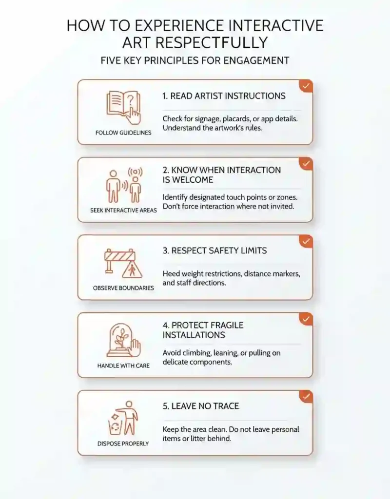 Interactive Art Guide 10 Minimal infographic showing respectful rules for interacting with artwork at Burning Man.