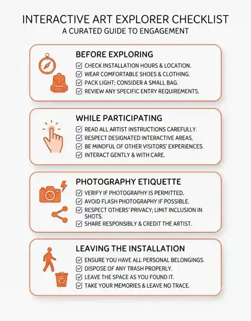 Interactive Art Guide 14 Editorial checklist infographic for exploring interactive art at Burning Man.