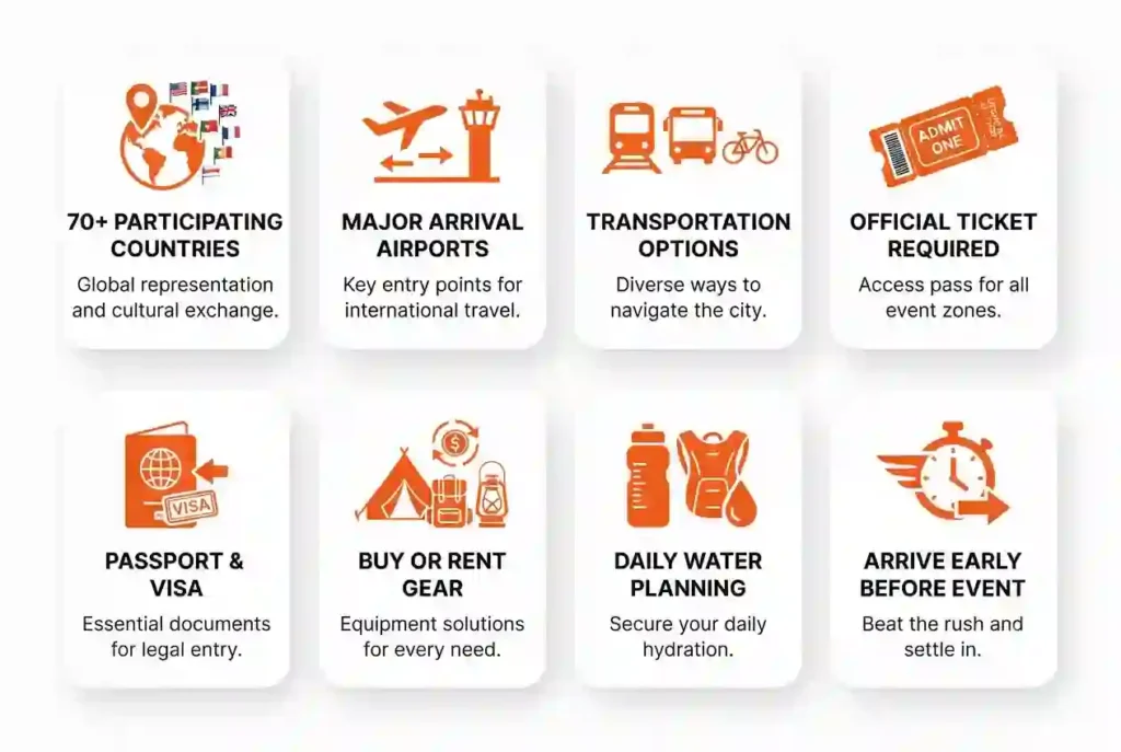 Infographic showing key planning facts for international travelers attending Burning Man.